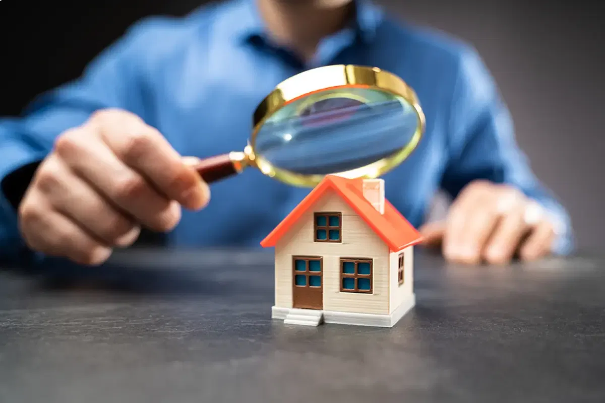 Professional property inspection and tenant screening represented by a magnifying glass and model home